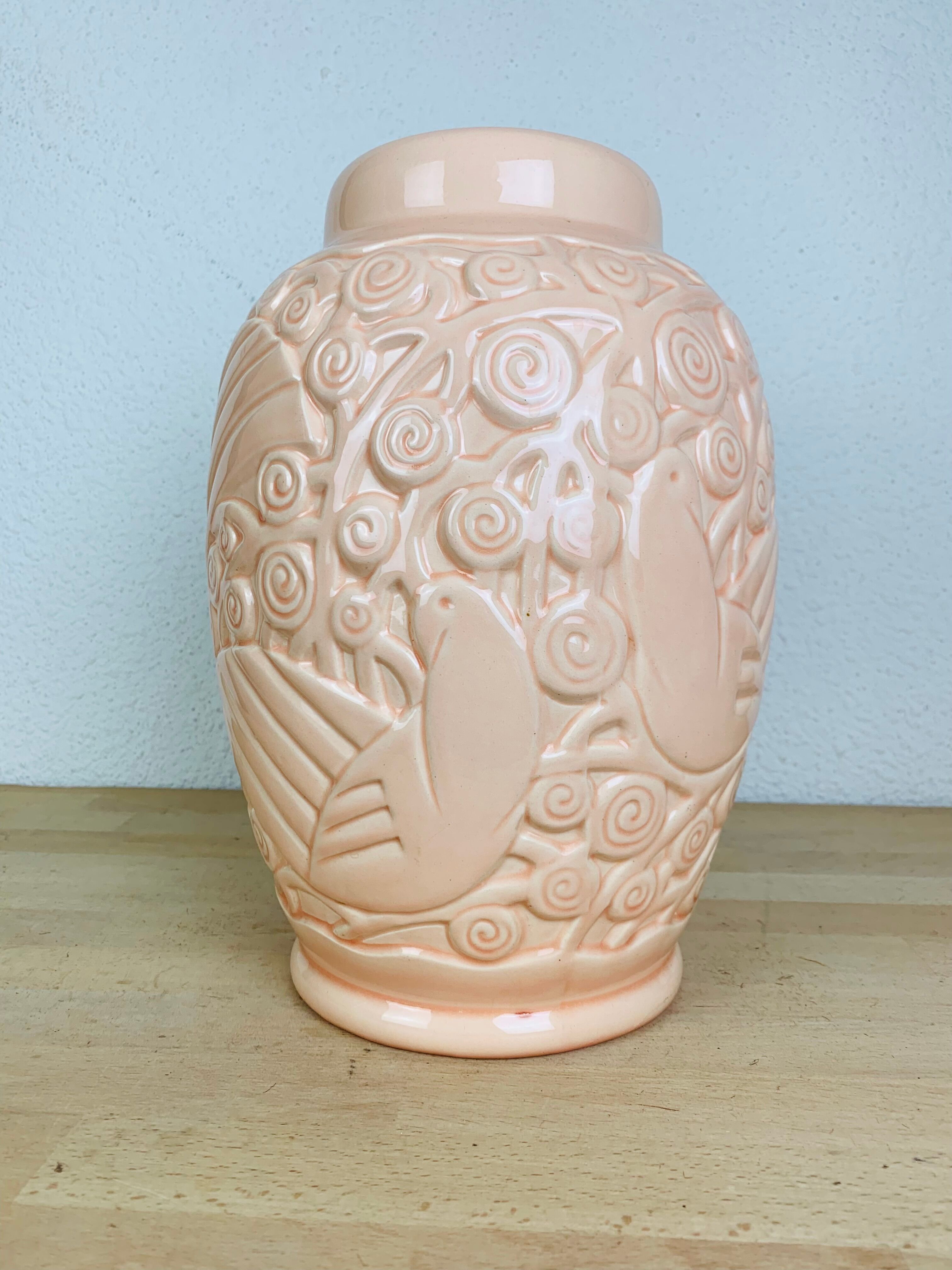 Art deco vase St Clément pigeon model, pink ceramic