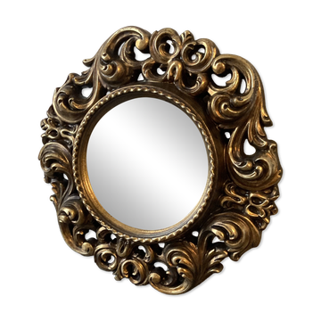 Miroir de sorcière convexe vintage – bois sculpté doré – années 1960