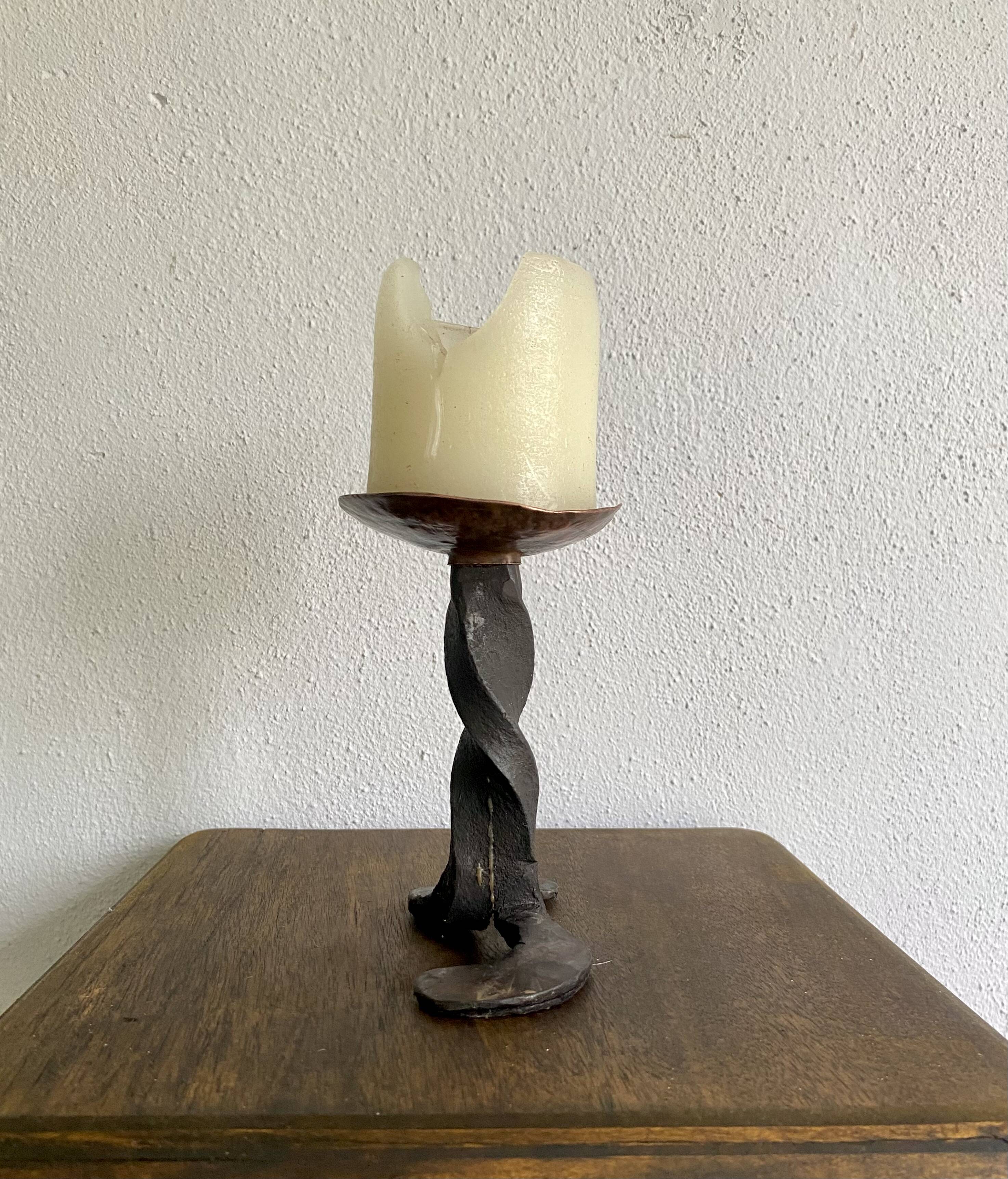 Brutalist wrought iron and brass candle holder