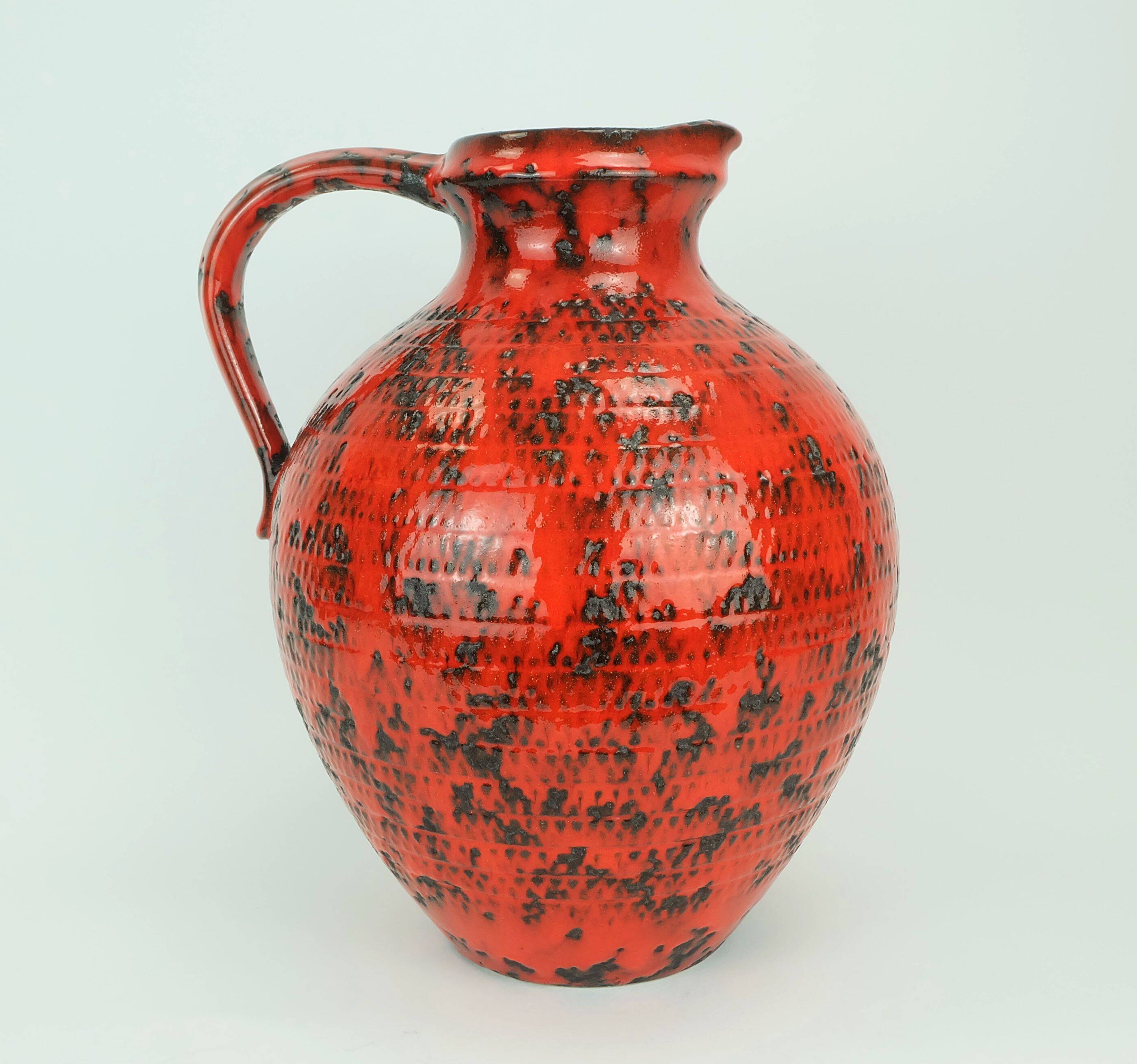 large 1960's VASE fohr-keramik model 490-30 black red relief decor fat lava