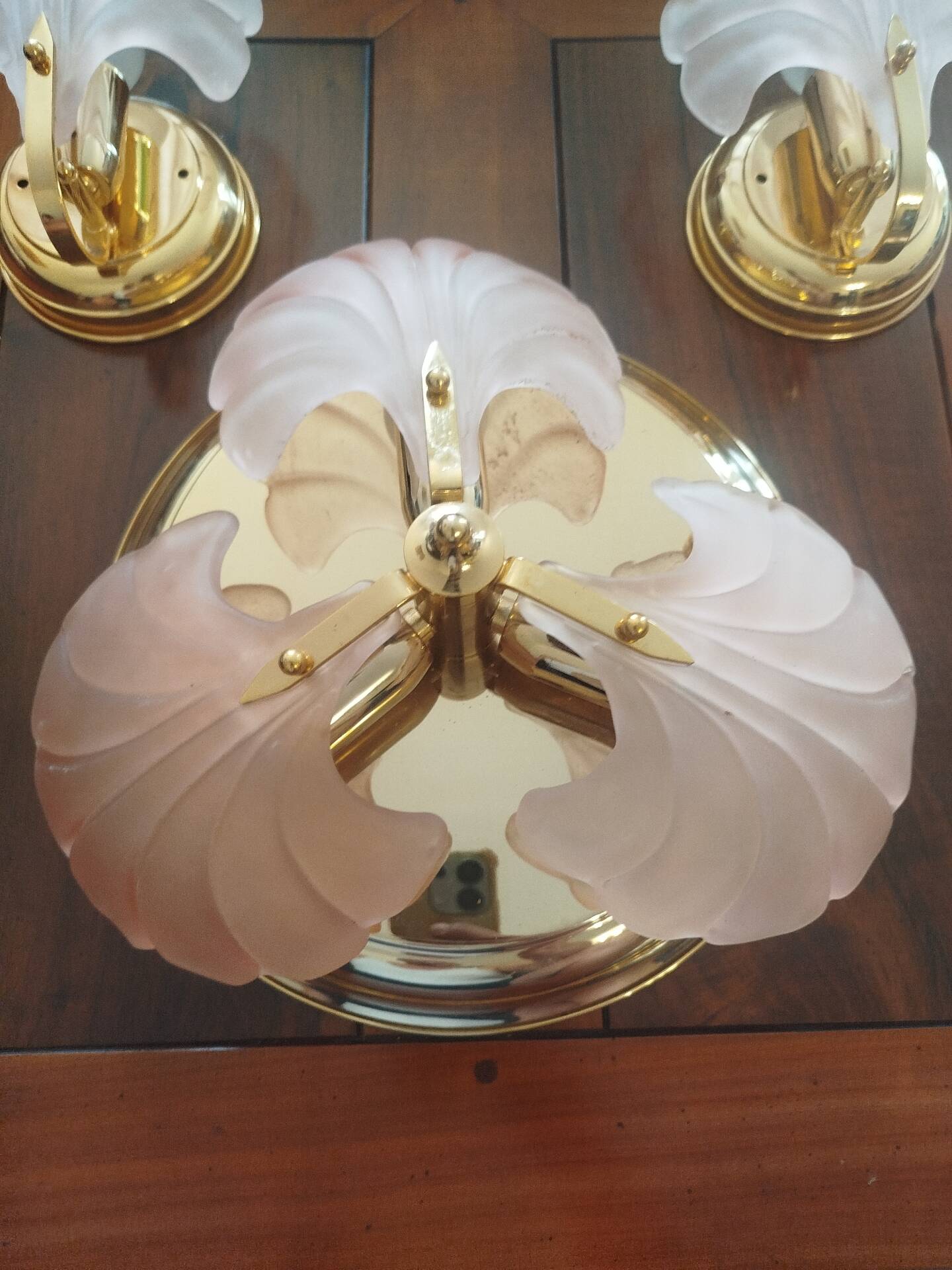 Rare set of wall sconces and shell ceiling light.