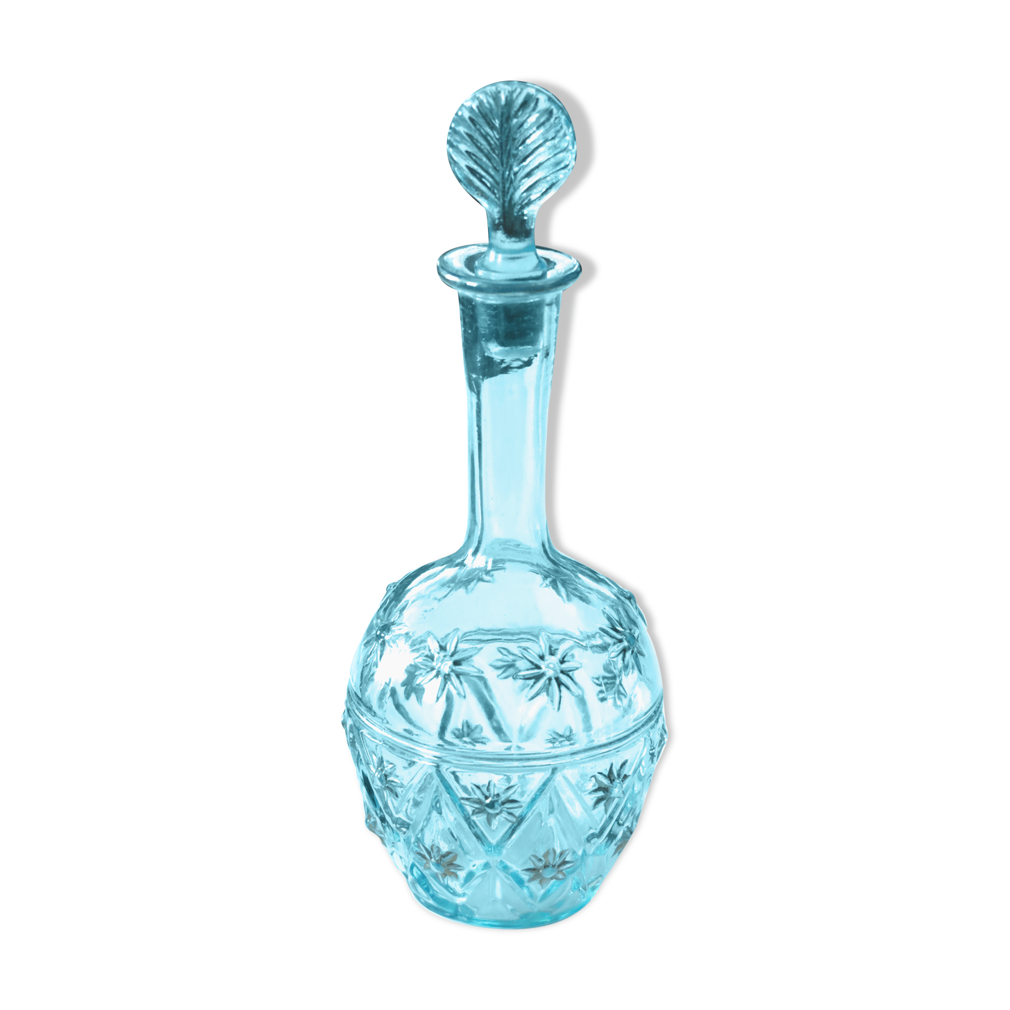 Turquoise blue glass decanter, golden décor, 5O years