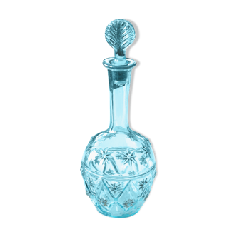 Carafe bleu turquoise en verre, décor doré, années 5O