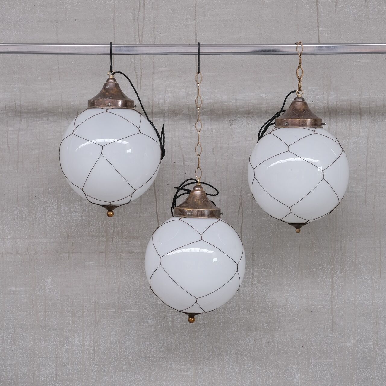 Opaline and brass mid-century caged pendant