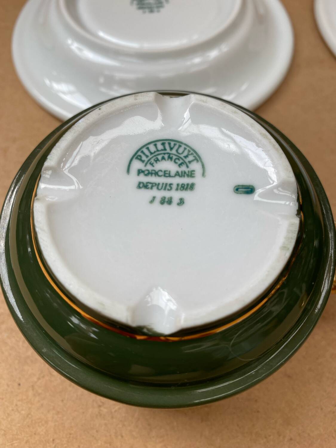 Pair of antique pillivuyt green & gold porcelain vintage cups