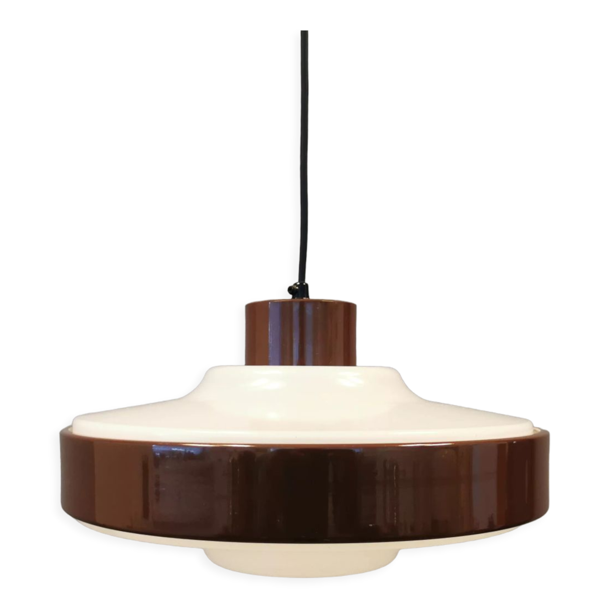 Danish space age hanging lamp, from the 80s, made of lacquered aluminum and acrylic plastic