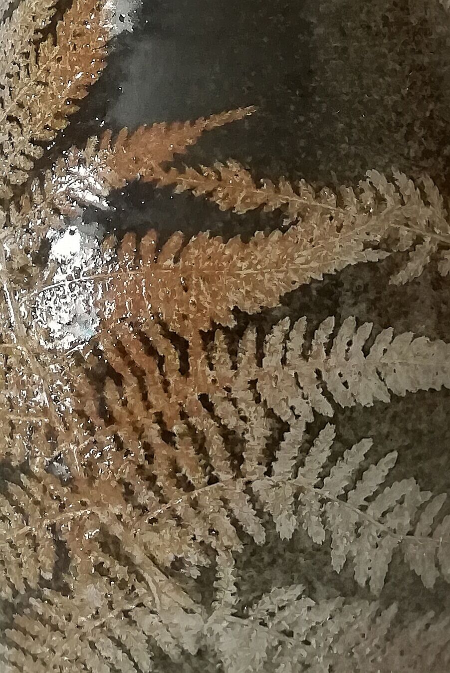 Vintage enamelled ceramic vase decorated with ferns