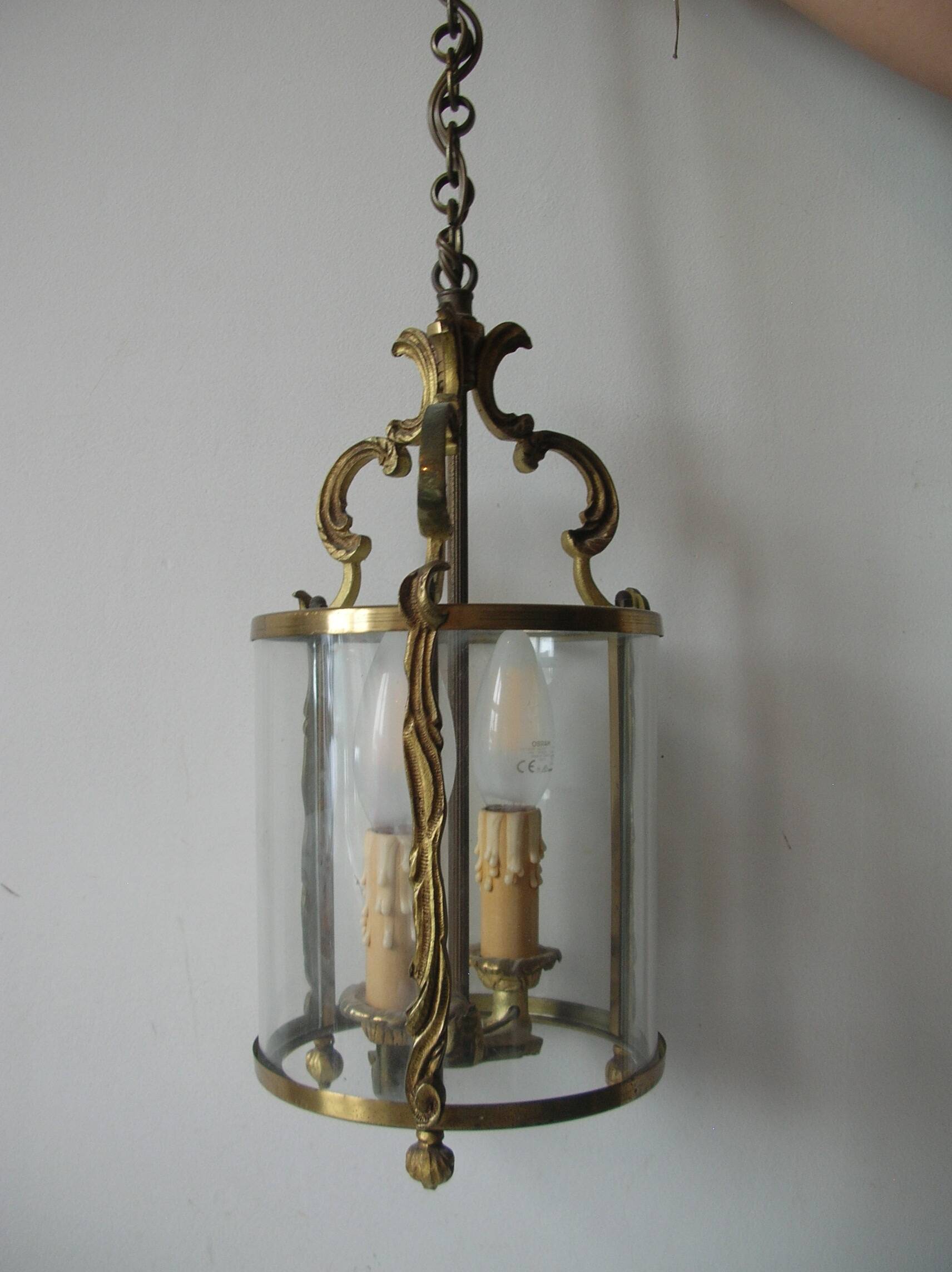 Old pendant lantern light fixture 2 lights in bronze glass decoration hall entrance