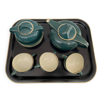 Green and gold "salins" tea service in art deco earthenware with large black and gold melanin tray