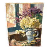 Still life in oil on cardboard 1970, vintage flower bouquet painting