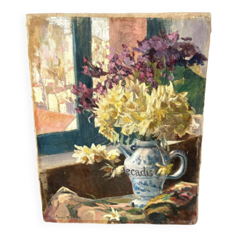 Nature morte à l'huile sur carton 1970, peinture de bouquet de fleurs vintage