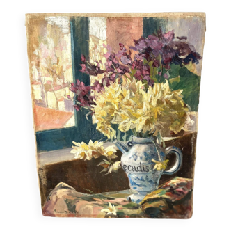 Still life in oil on cardboard 1970, vintage flower bouquet painting