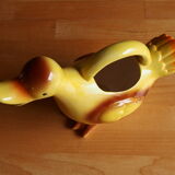Ceramic watering can in white earthenware, yellow enamel and bird shape
