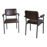 Paire de fauteuils de réunion vintage marron chocolat