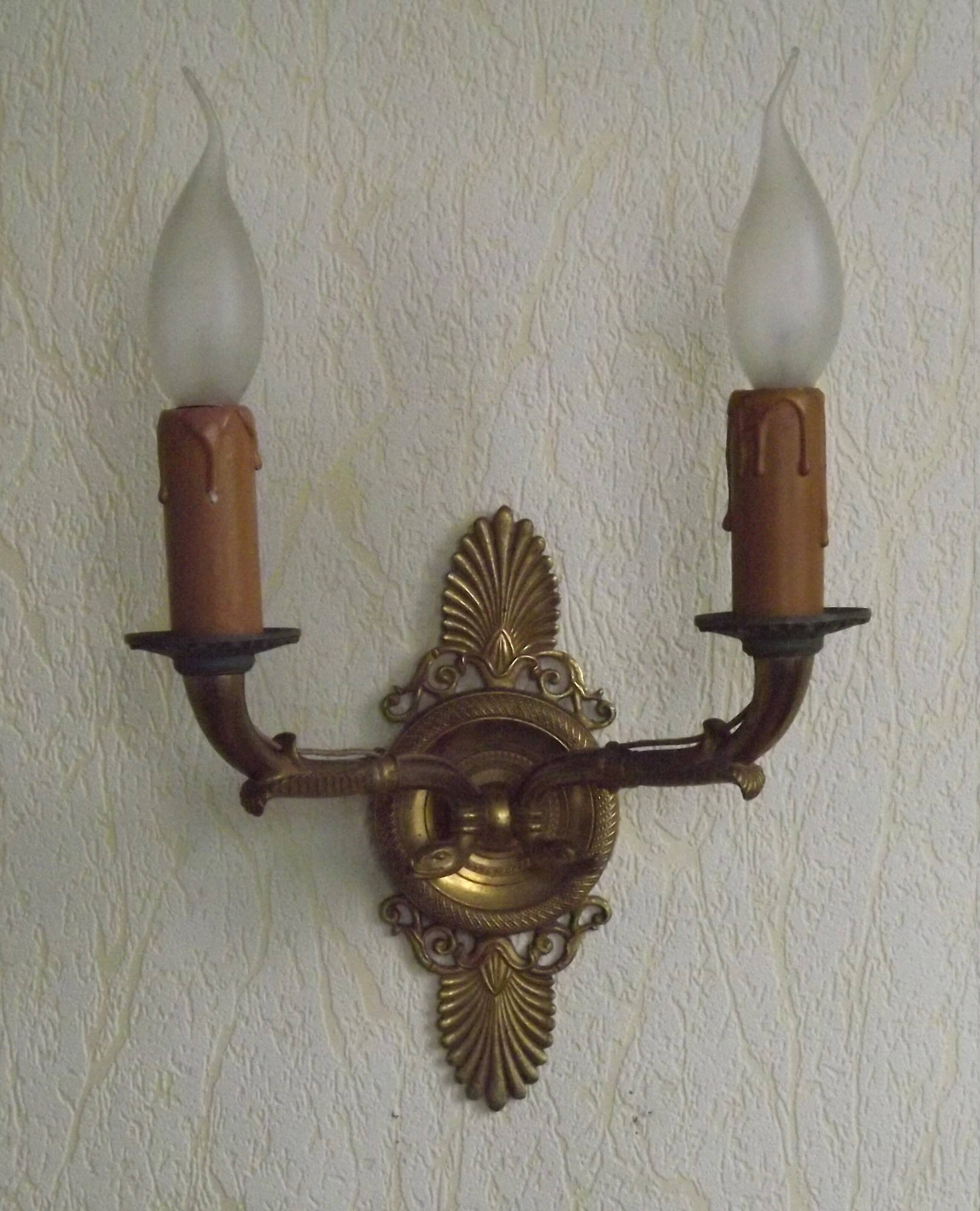 French Antique Bronze Empire Double Wall Sconce with Fan & Swan Detail 5239