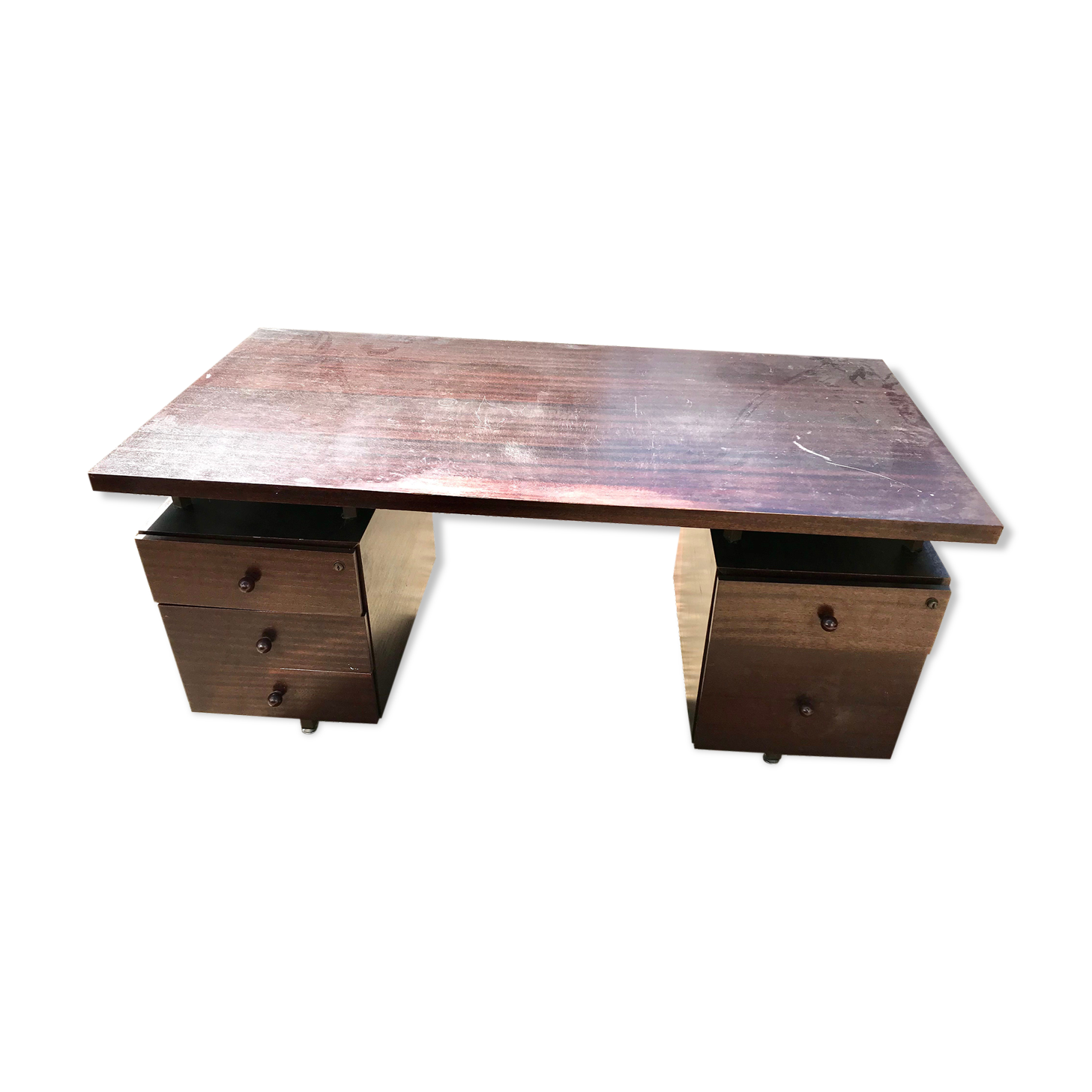 Flat desk with laminated wooden boxes, vintage from the 80s. State of use