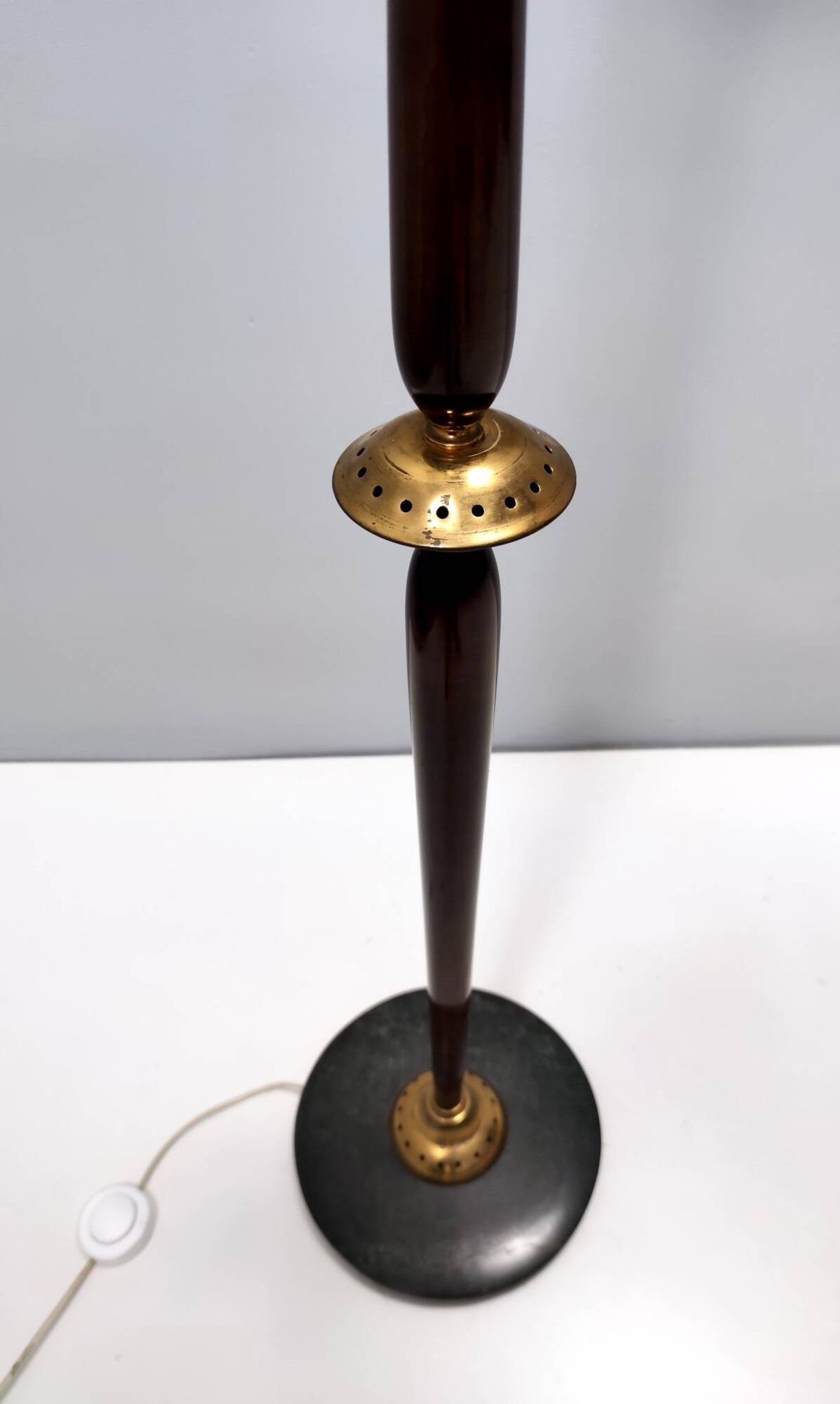 Opaline Glass, Beech and Brass Floor Lamp with Marble Base, Italy