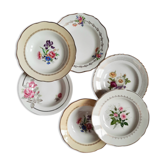 Old hollow plates mismatched in earthenware with gilded edges