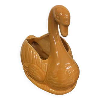 Cache pot en forme de cygne en faience annees 70 couleur orange abricot
