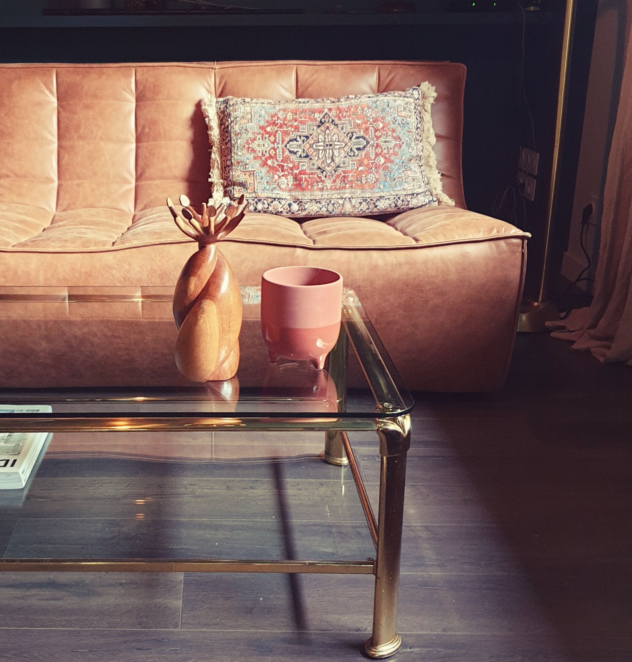 Vintage brass and glass coffee table, Italian, 70s Hollywood Regency style