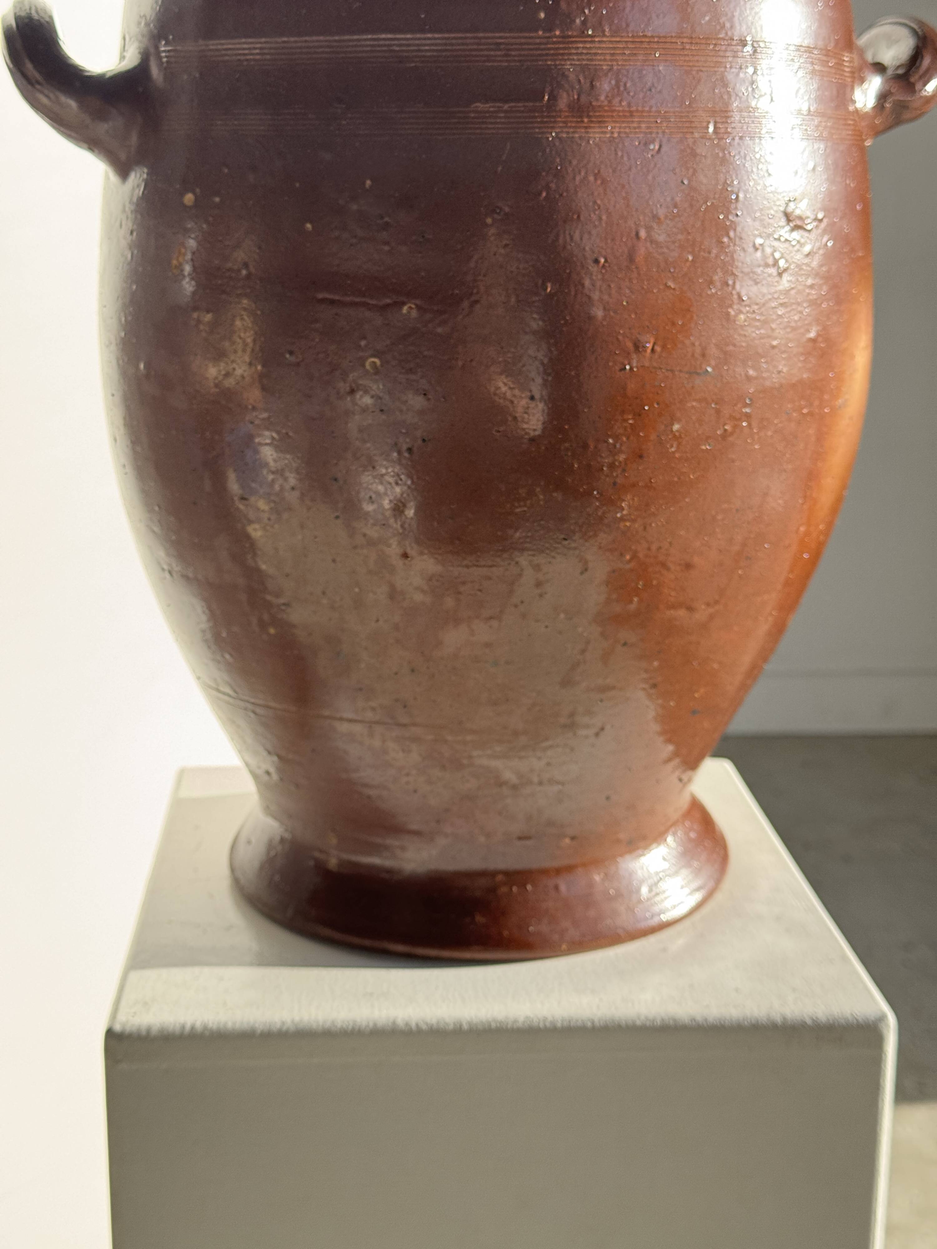 Very large glazed brown terracotta pot with two handles H41 D30
