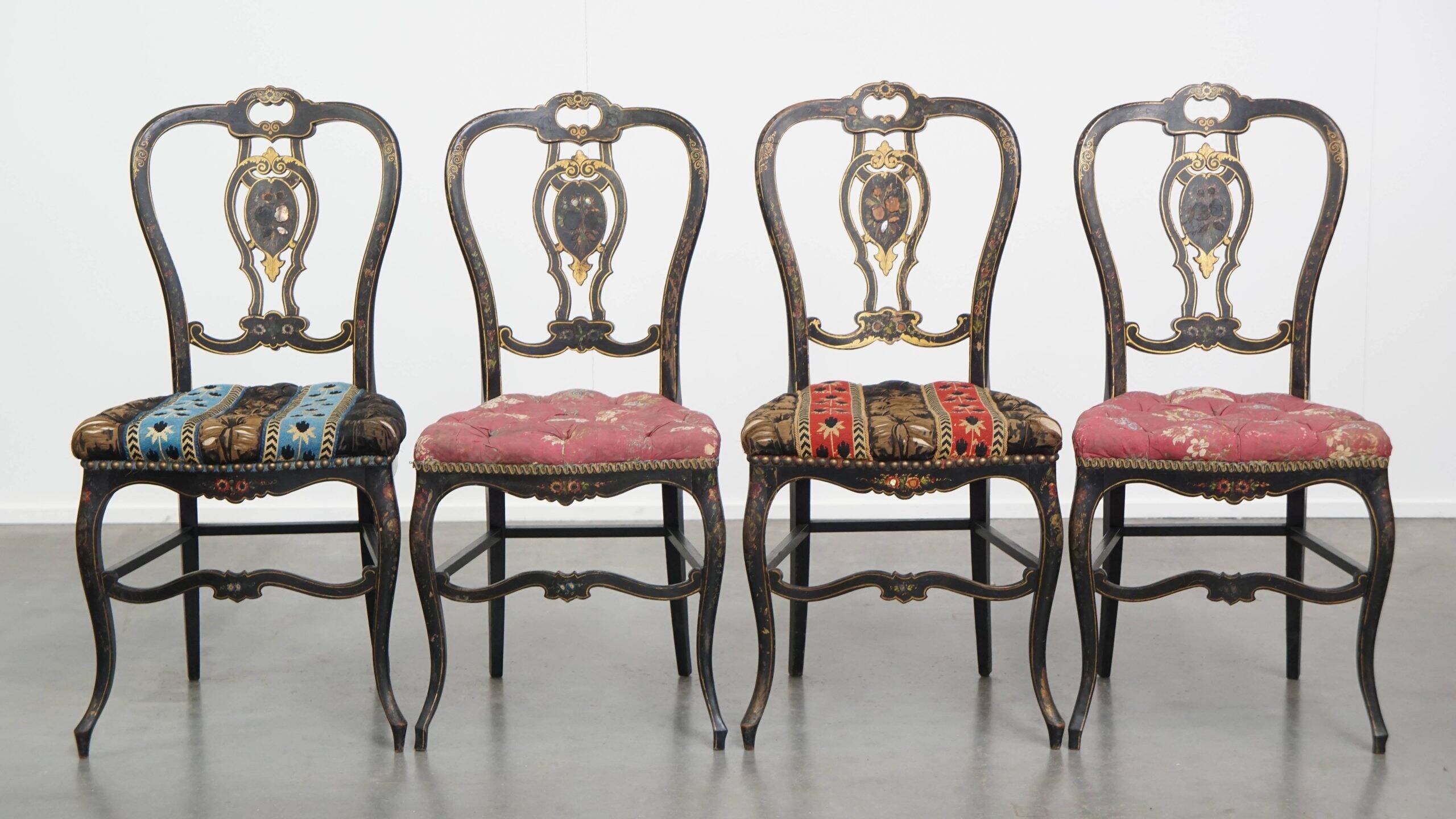 Set of 4 antique French Napoleon III chairs inlaid with mother-of-pearl