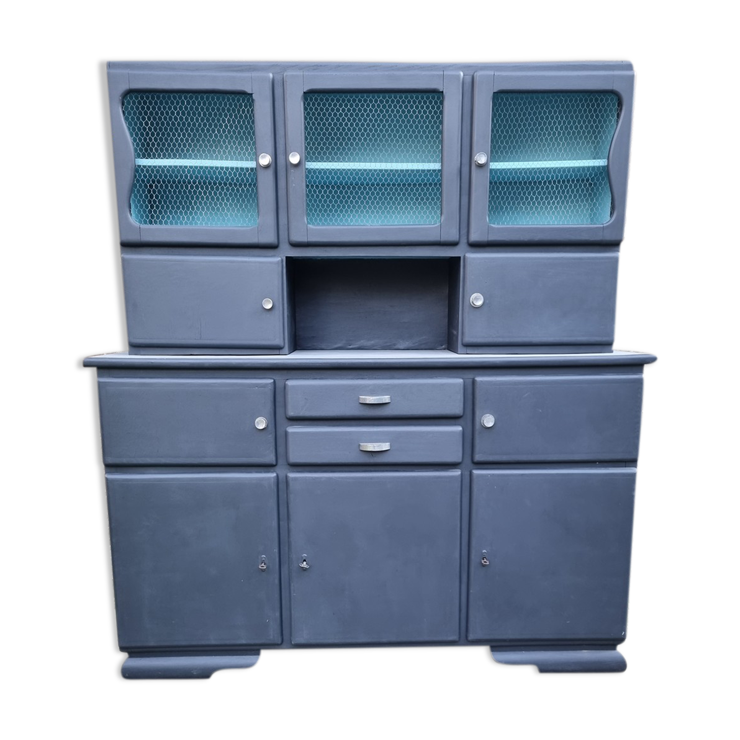 Vintage Mado sideboard, grey restyled, blue interior, 50s