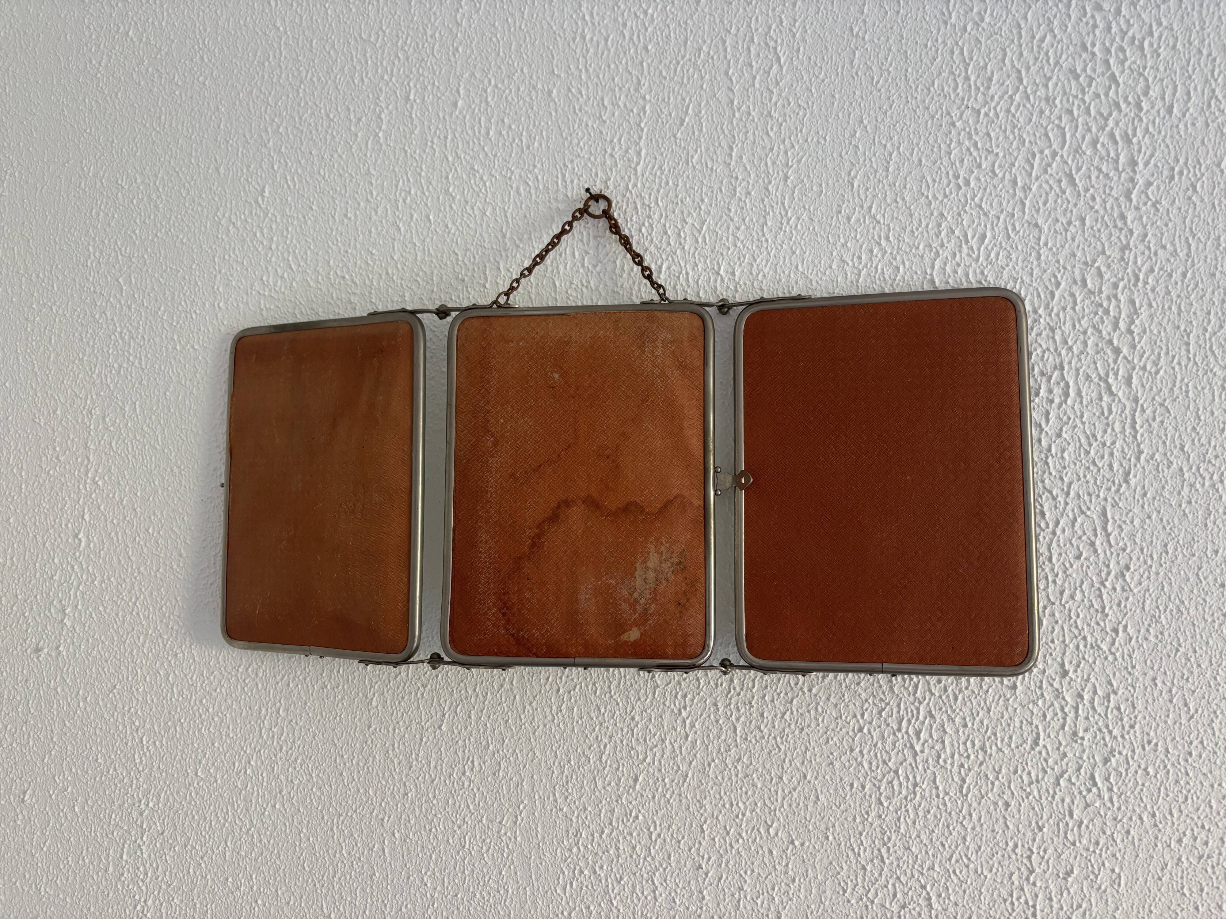 Vintage 1930s triptych barber mirror with bevelled glass in orange - 25 x 59 cm