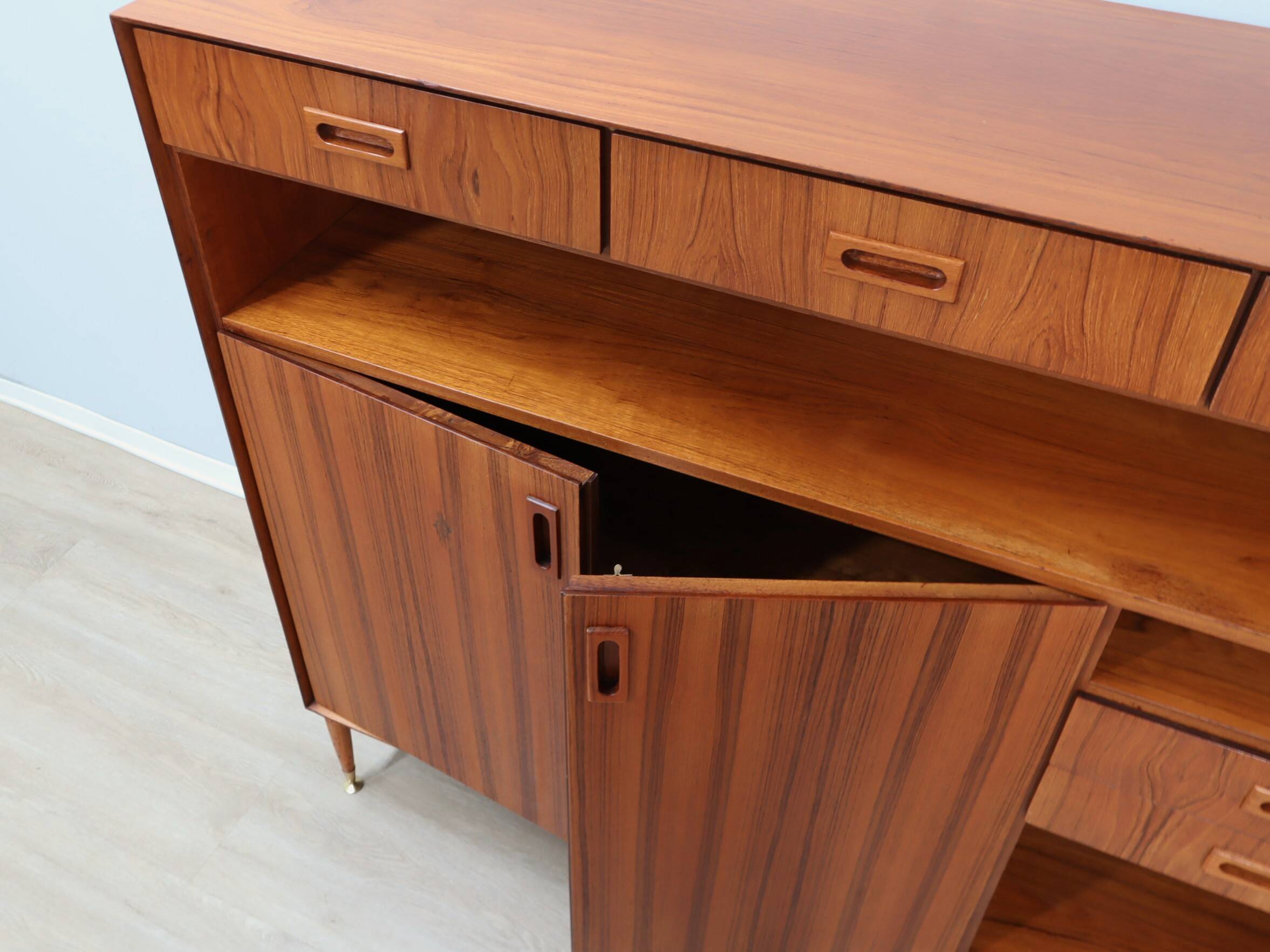 1960s Italian mid-century teak highboard restored with brass feet