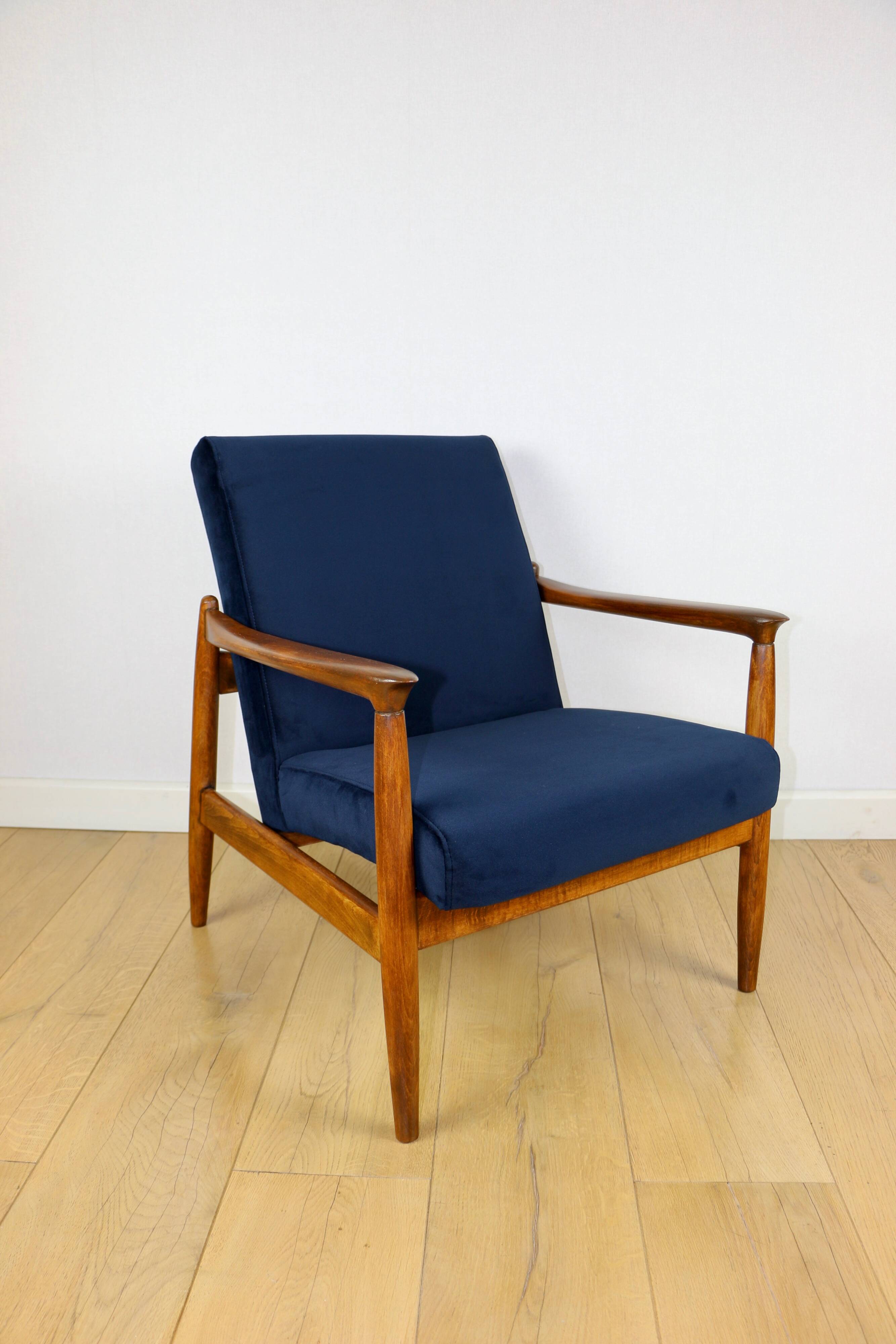 GFM-64 armchair, design by Edmund Homa from the 70s, navy blue - dark wood