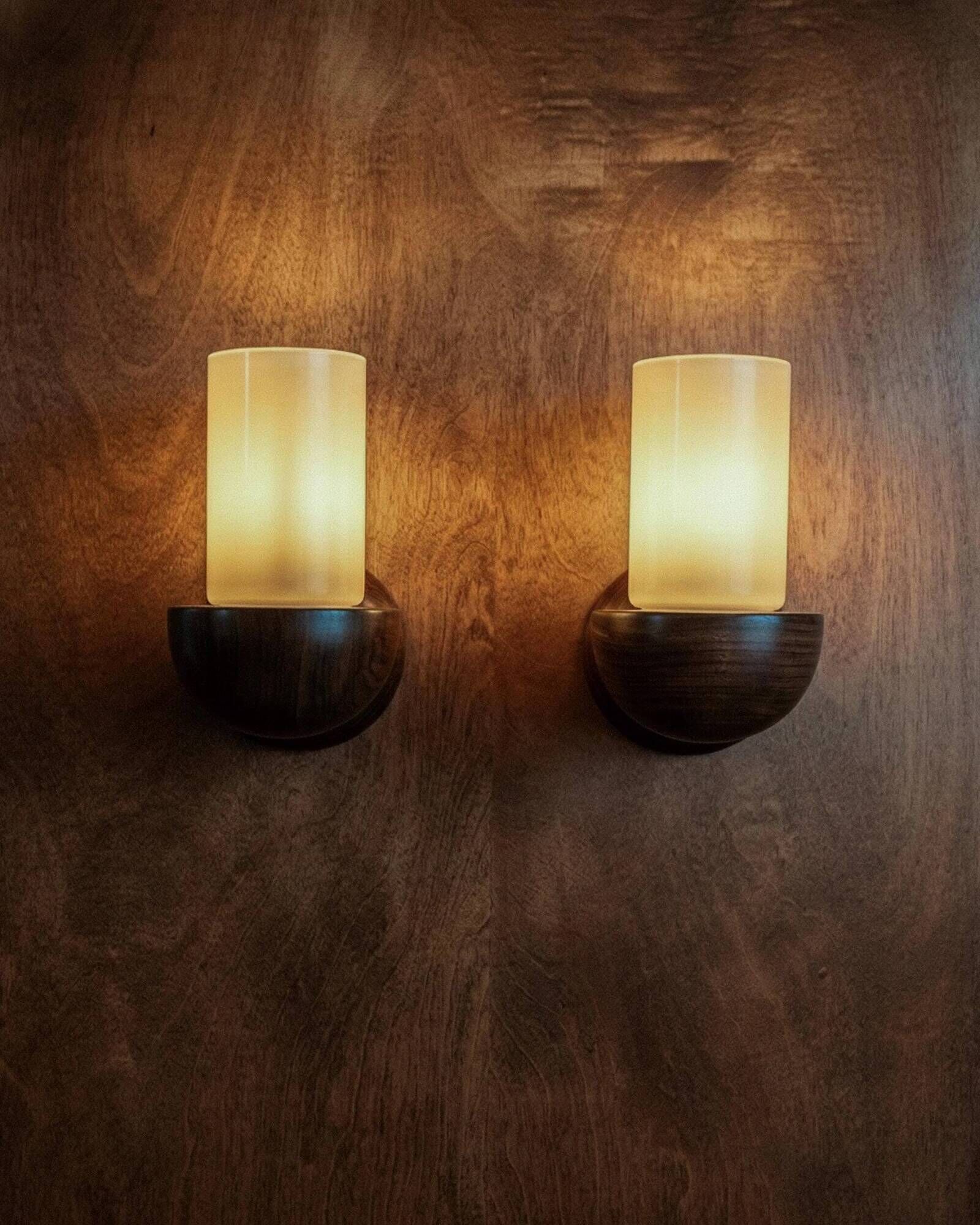 Vintage wall sconces from the 1960s, set of 2, dark wood with white glass shades, Mid-Century Modern lighting, sculptural wall sconces.