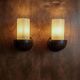 Vintage wall sconces from the 1960s, set of 2, dark wood with white glass shades, Mid-Century Modern lighting, sculptural wall sconces.