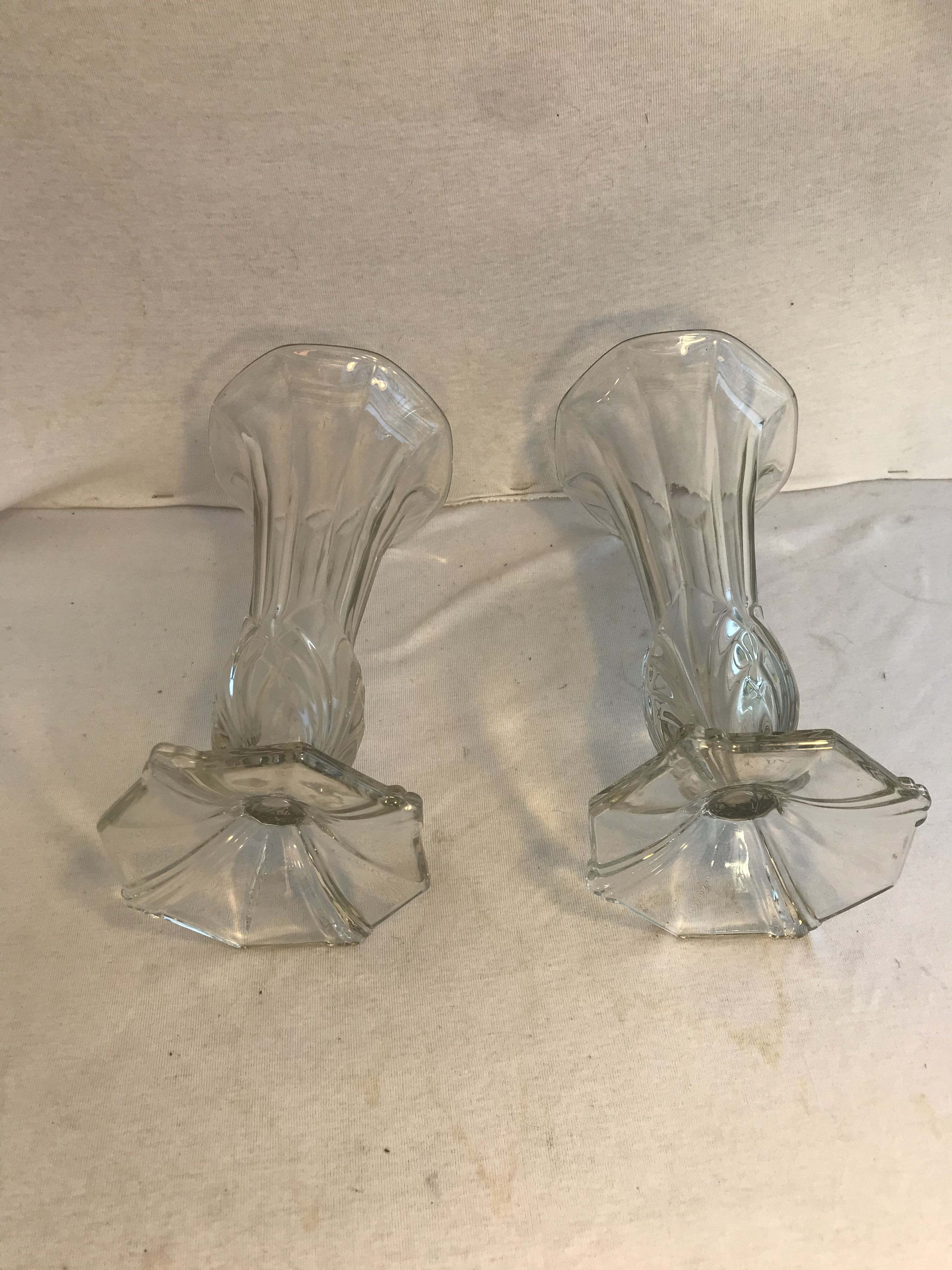 Pair of antique Art Deco style vases in moulded glass and vintage decoration