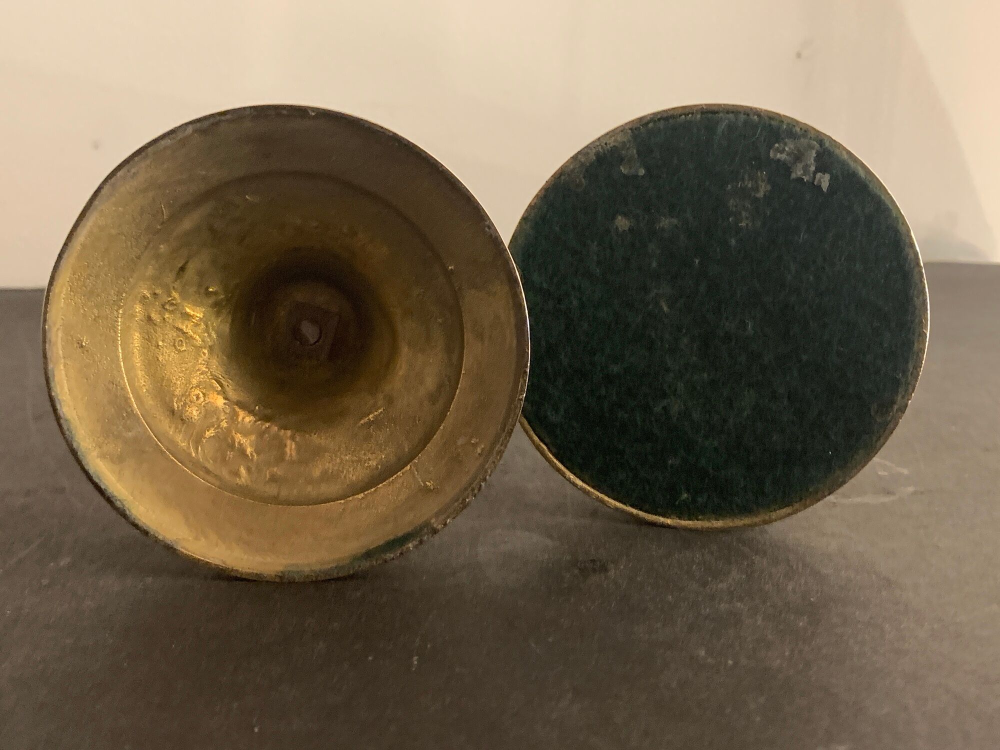 Pair of brass and mahogany wood candle holders