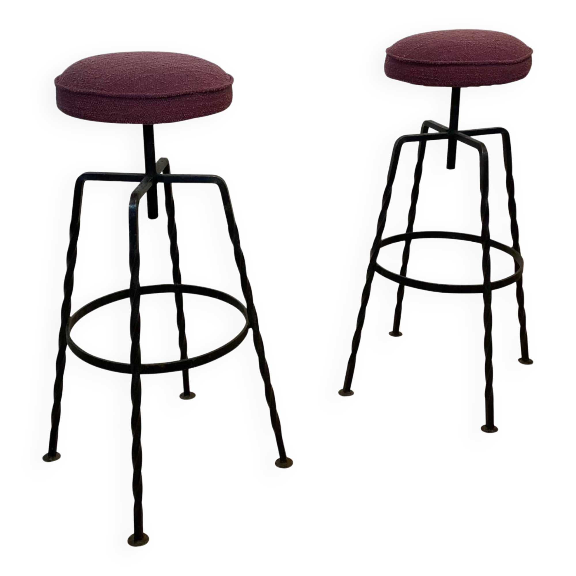 Pair Maroon Boucle Iron Swivel Bar Stools Midcentury Italian Vintage 1950s