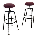 Pair Maroon Boucle Iron Swivel Bar Stools Midcentury Italian Vintage 1950s