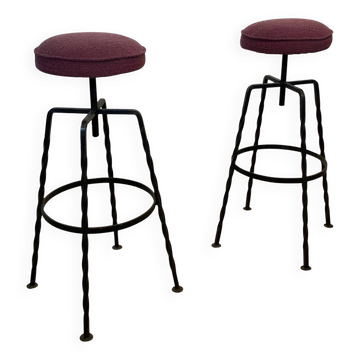 Pair Maroon Boucle Iron Swivel Bar Stools Midcentury Italian Vintage 1950s