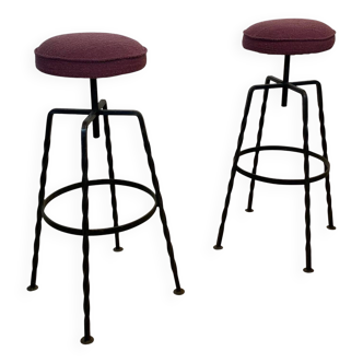 Pair Maroon Boucle Iron Swivel Bar Stools Midcentury Italian Vintage 1950s