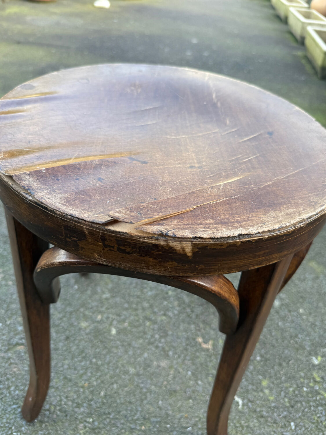 Set of four curved wooden stools stamped Baumann model 92.