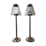 Pair of chrome candle holders and Marinette glass