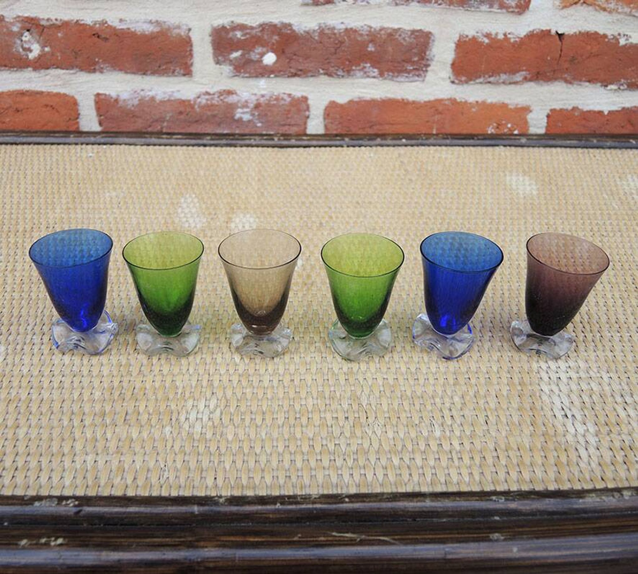 6 old coloured glass liqueur glasses