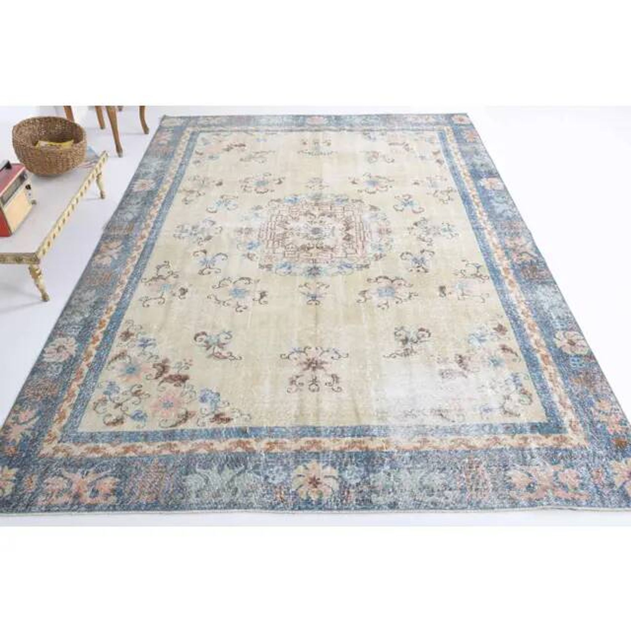 Vintage Turkish Hand-Knotted Wool Cotton Beige Area Rug 230x340