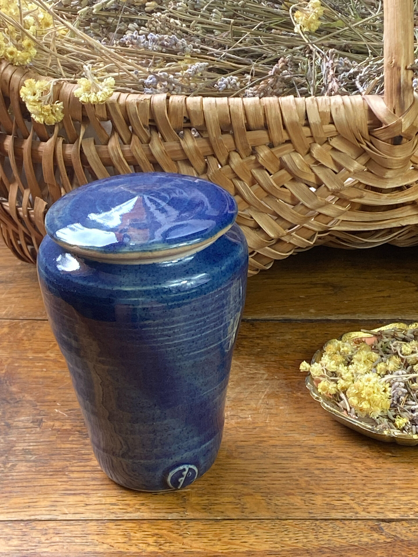 Glazed blue stoneware bonbonnière