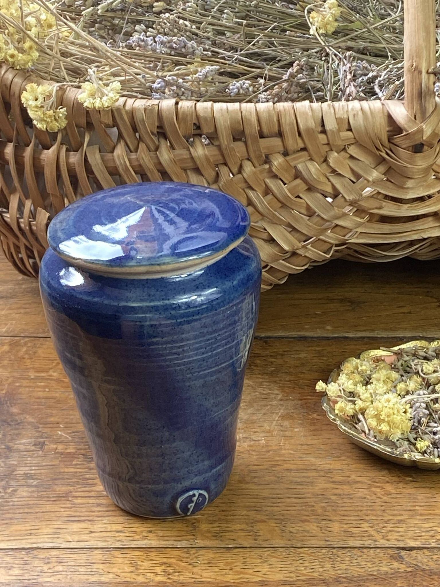 Glazed blue stoneware bonbonnière