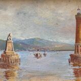 HST XIX° painting "Marine with lighthouse and boats" Italian Orientalist style + frame