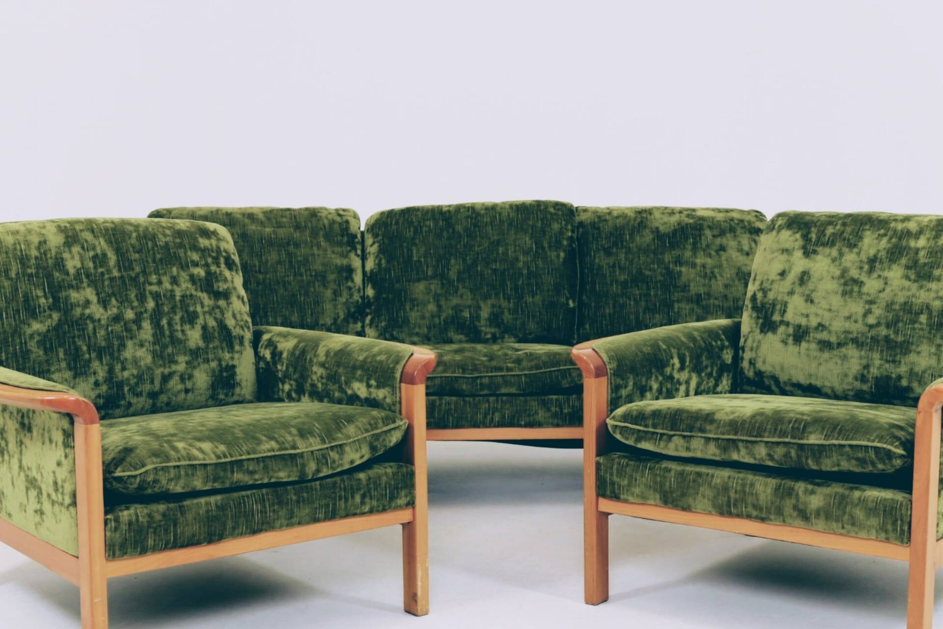 Vintage set sofa and armchairs deep olive velvet design by Knut Seater