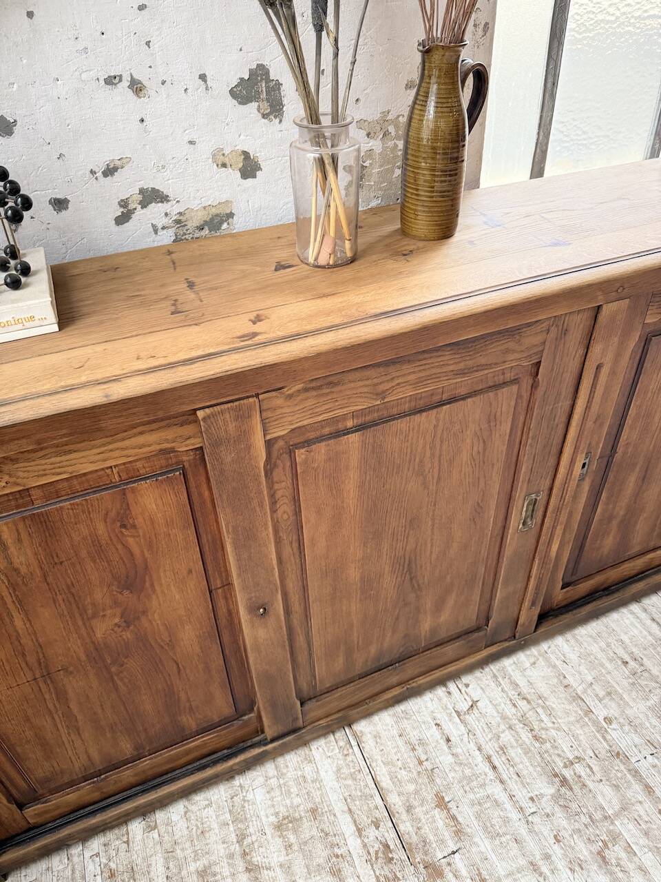 XL oak workshop sideboard with sliding doors from 1900