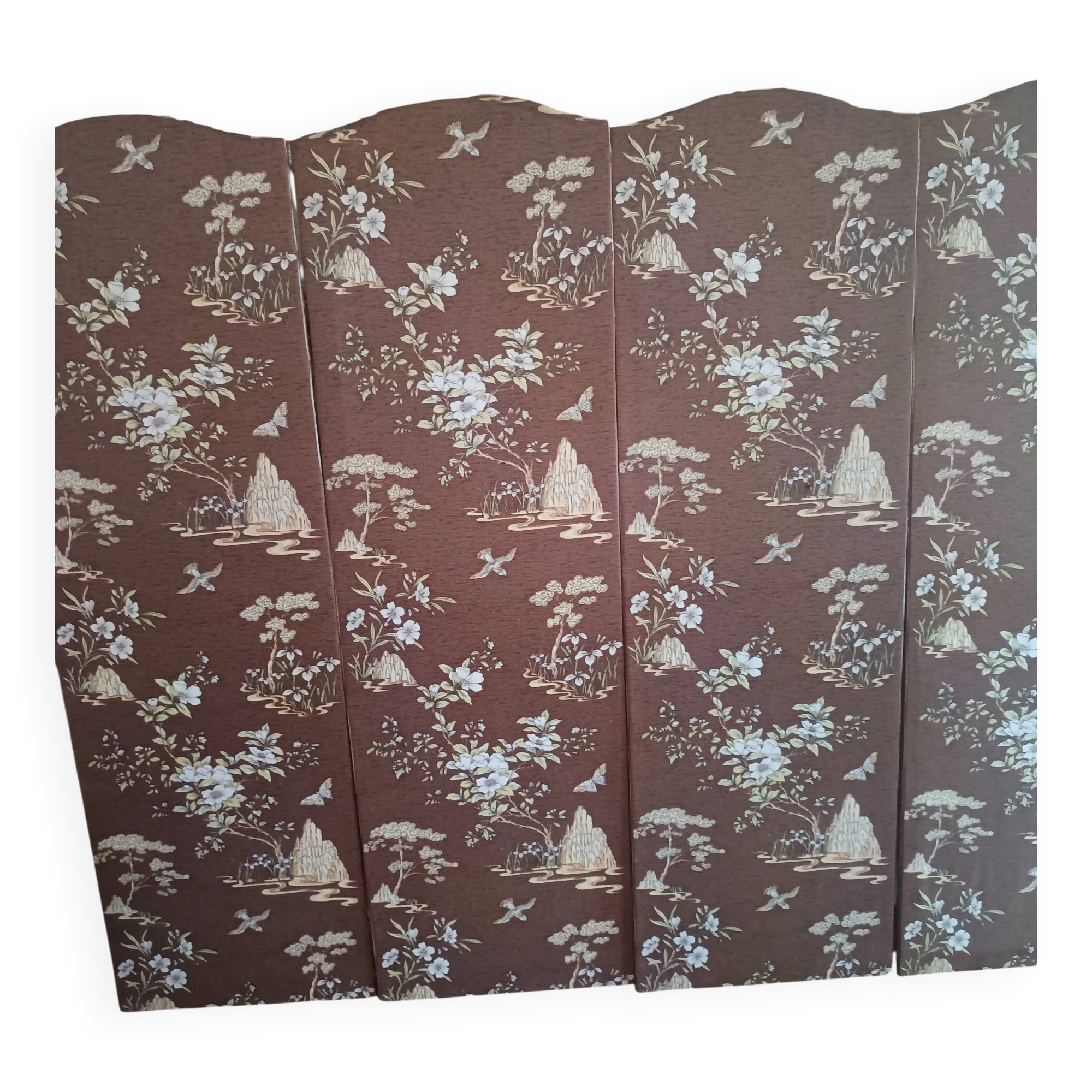 large antique headboard with 4 panels featuring Asian decor from the 1940s/50s