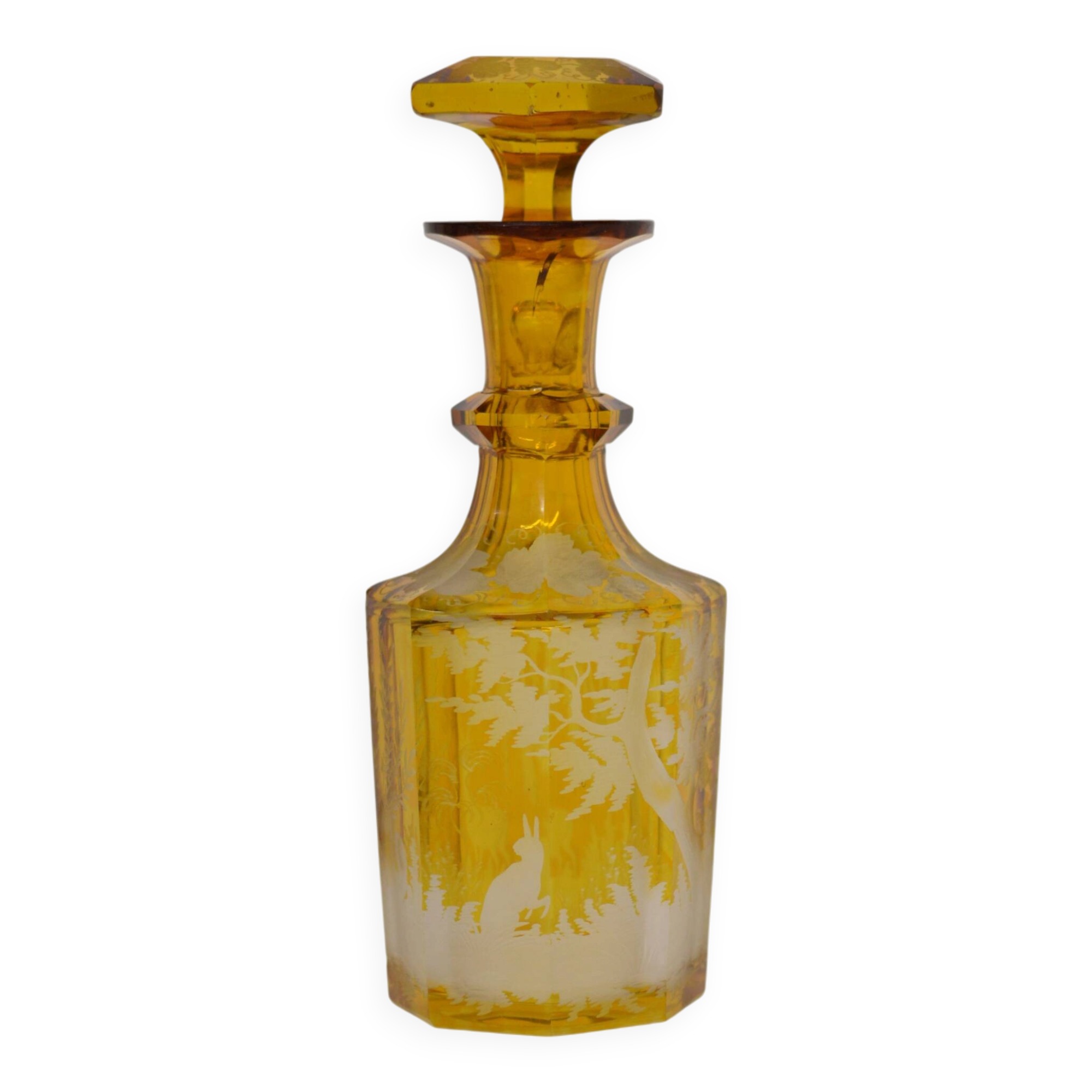 Bohemian glass carafe engraved amber colour