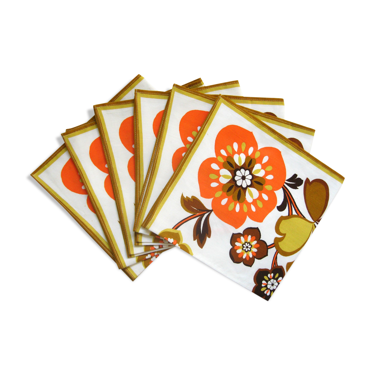6 cotton napkins, orange and brown flower patterns on a white background - vintage 70s